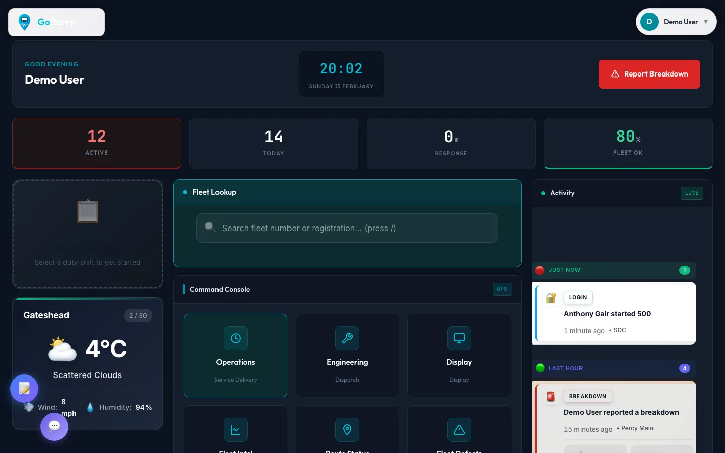 GoBarry operations dashboard showing real-time fleet breakdown management