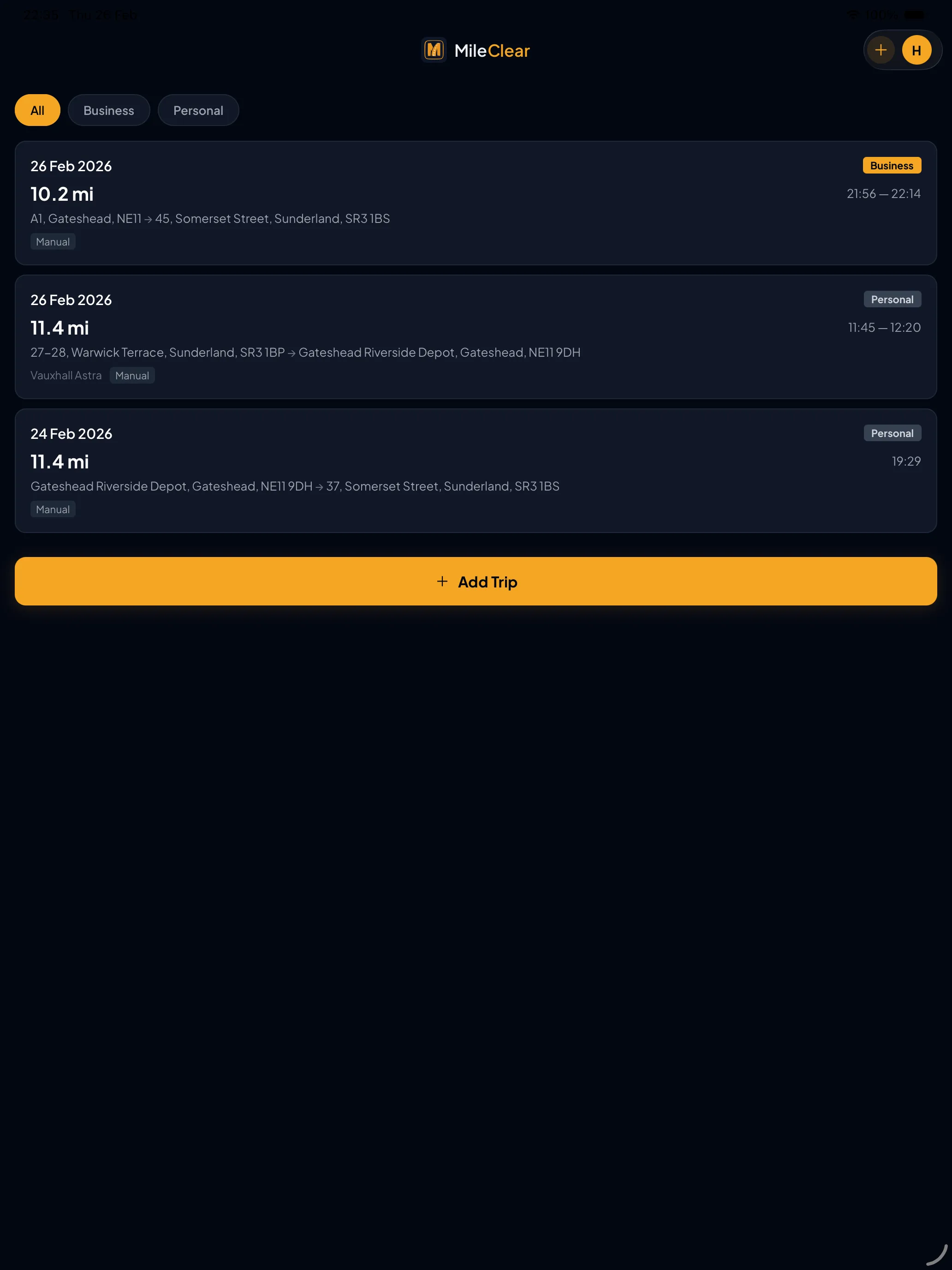 MileClear trips list screen