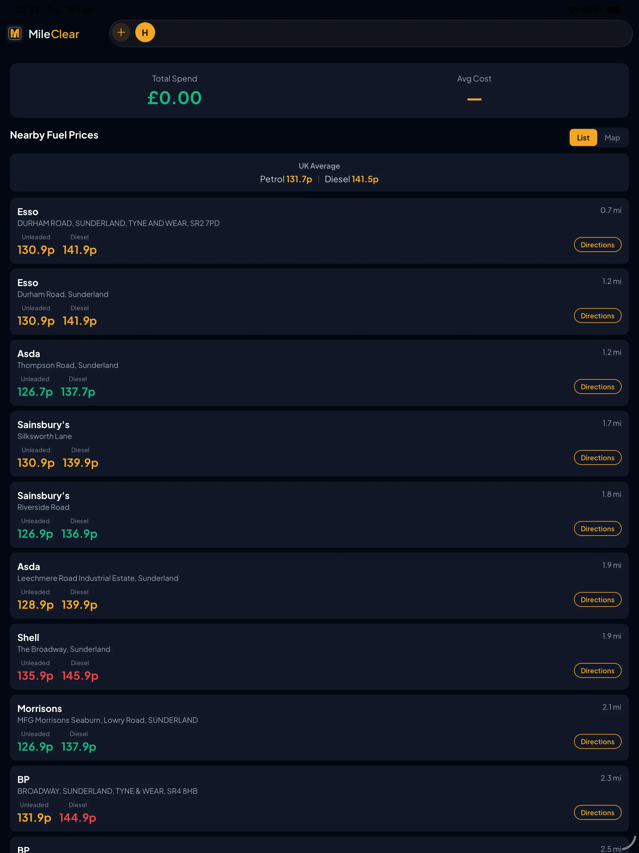 MileClear fuel cost tracking screen