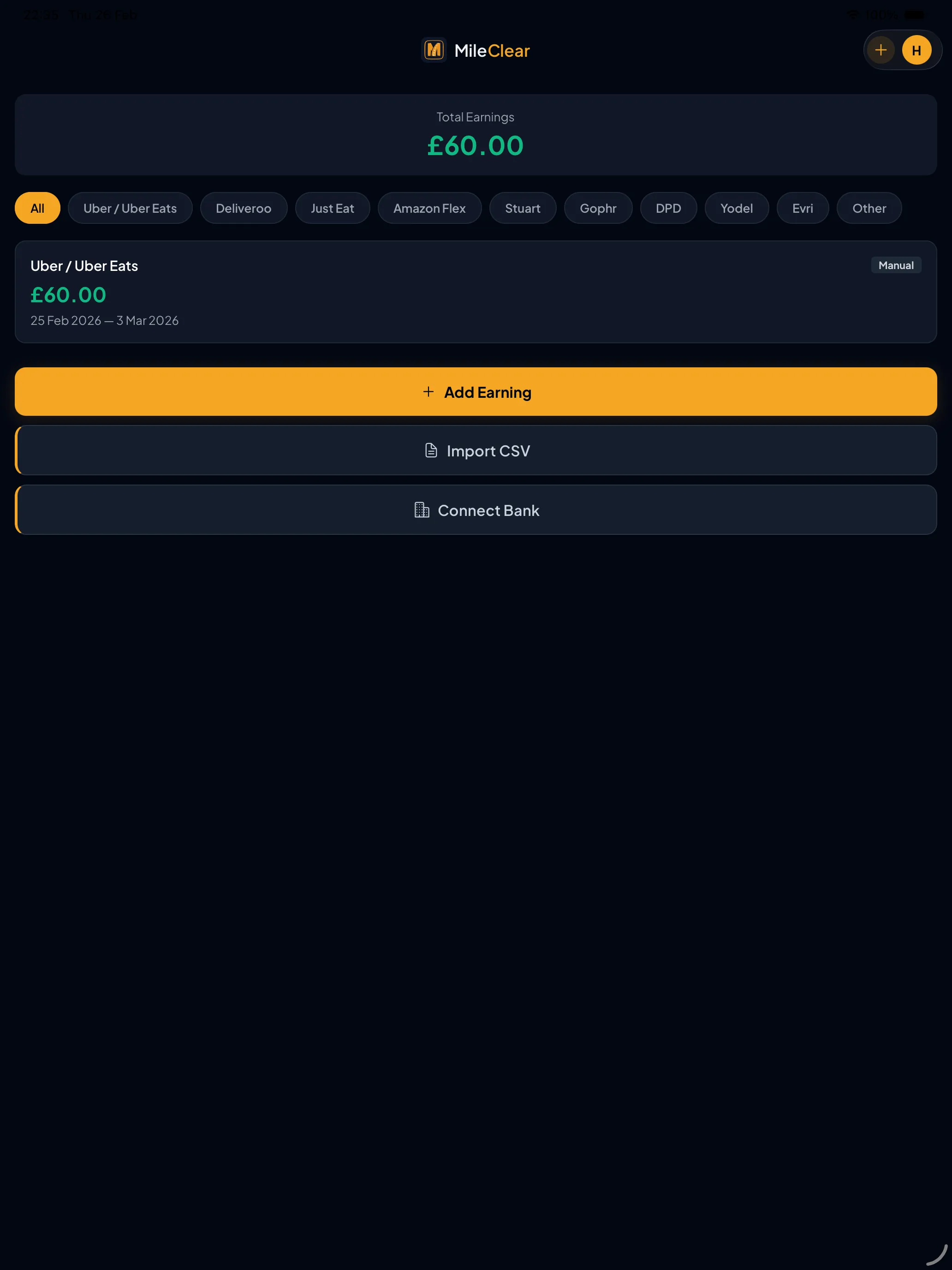 MileClear earnings overview screen
