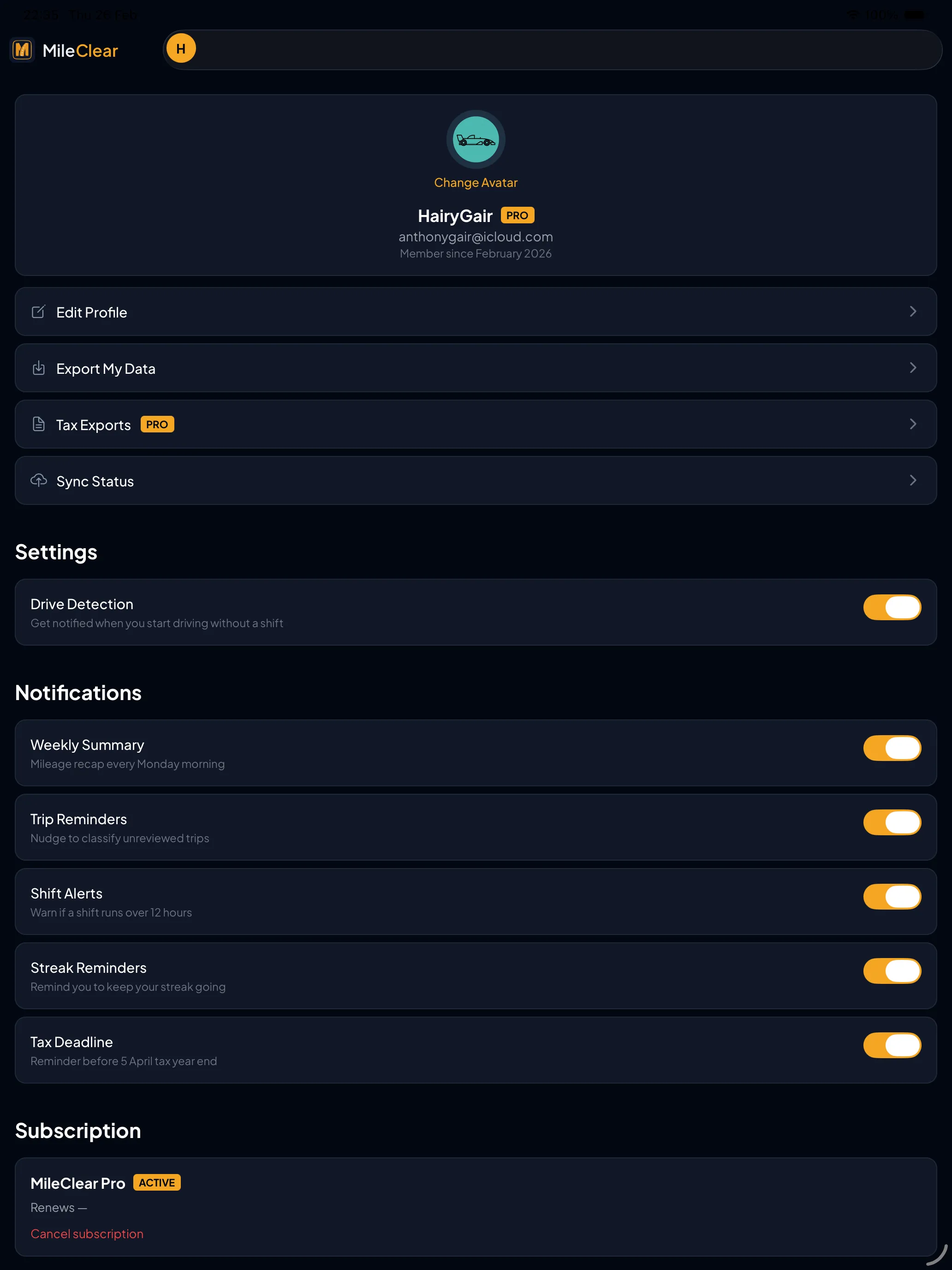 MileClear profile and settings screen