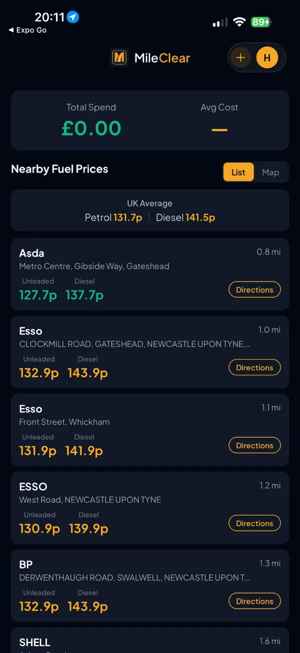 MileClear fuel prices tracking screen