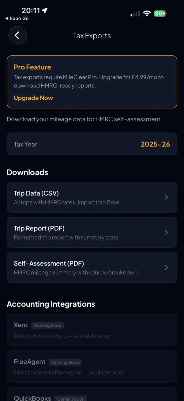 MileClear HMRC-compliant tax export screen