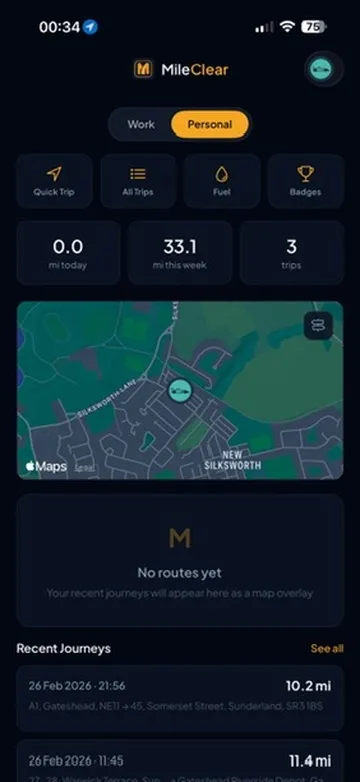 MileClear homepage showing GPS route map and mileage overview