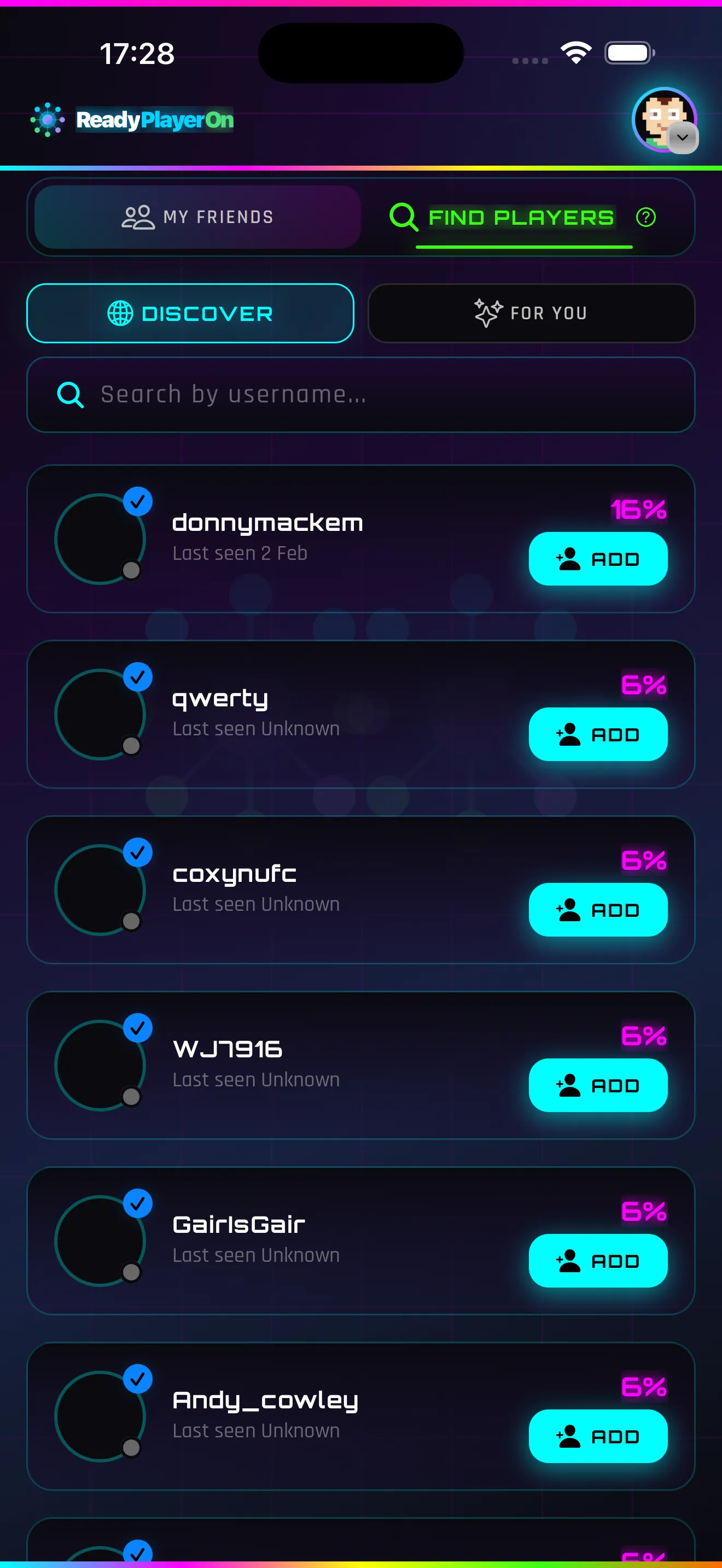 Find players screen