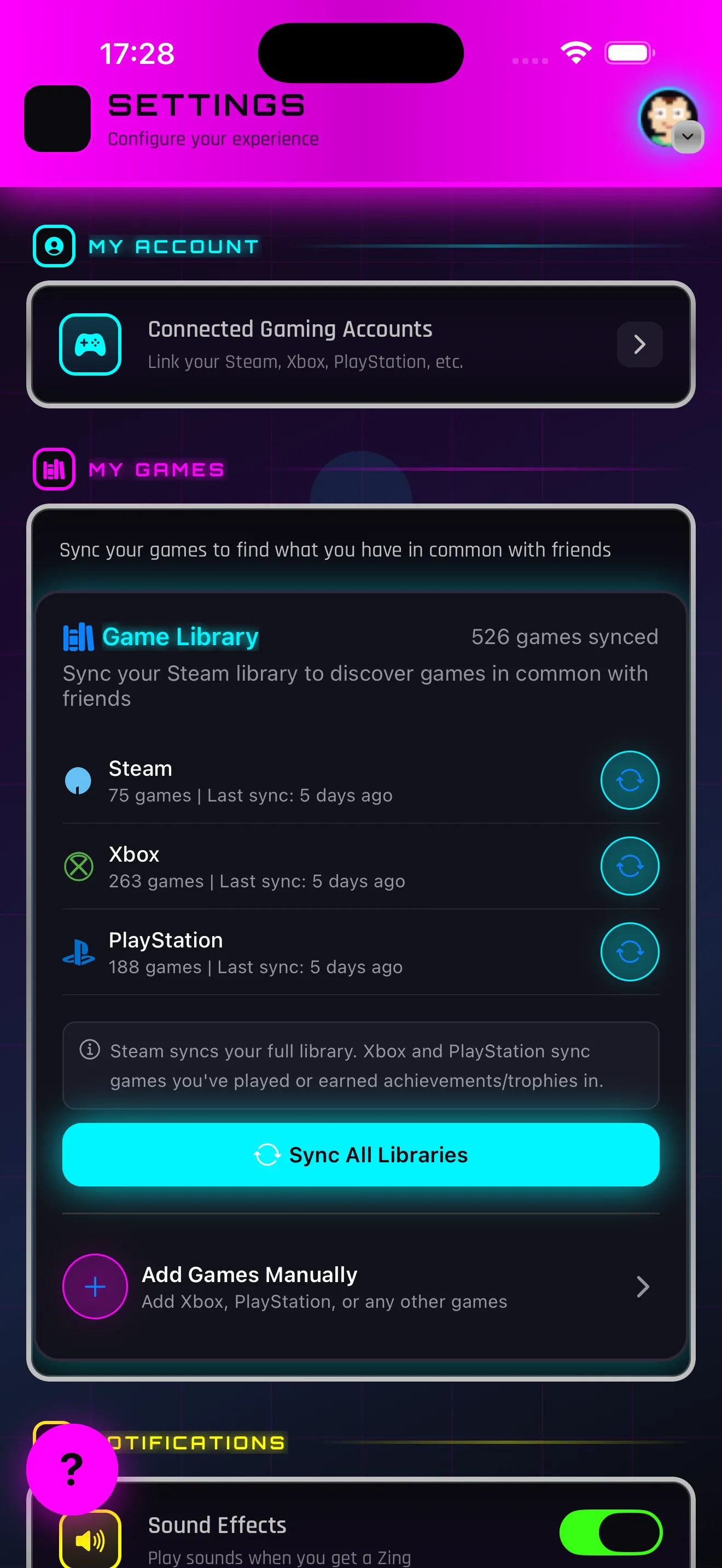Settings screen