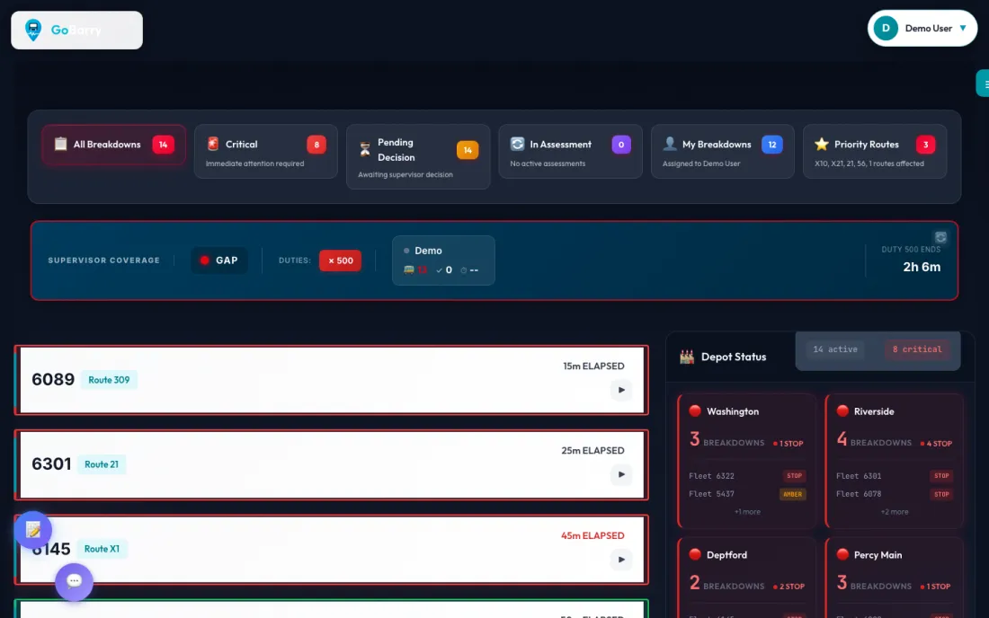 Go BARRY operations dashboard showing breakdowns, routes and depot status