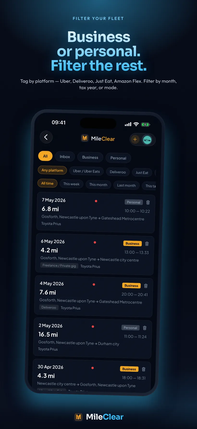 MileClear trip list filtered by business, personal and platform