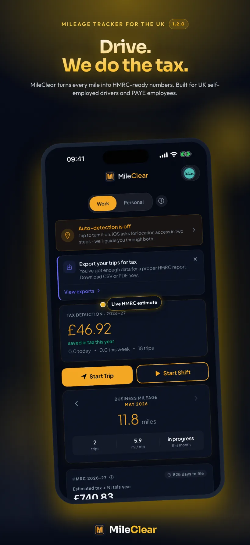 MileClear app - Drive. We do the tax.
