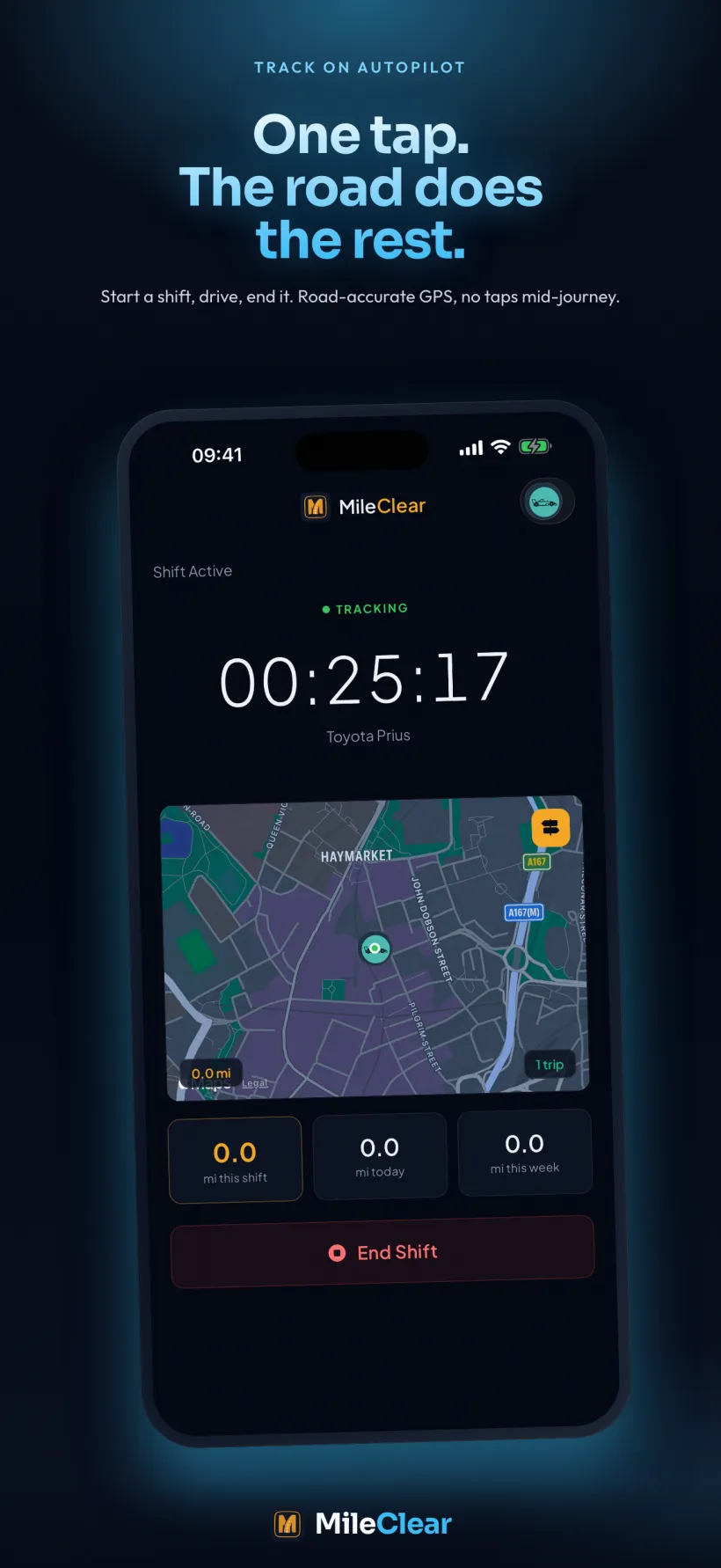 MileClear shift tracking - one tap, the road does the rest