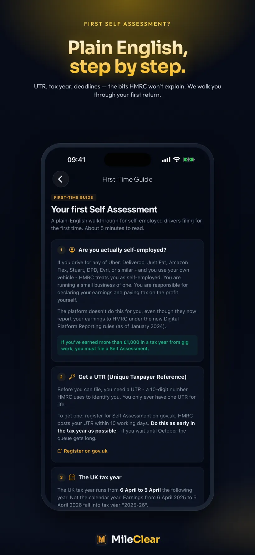 MileClear self-assessment tax return screen