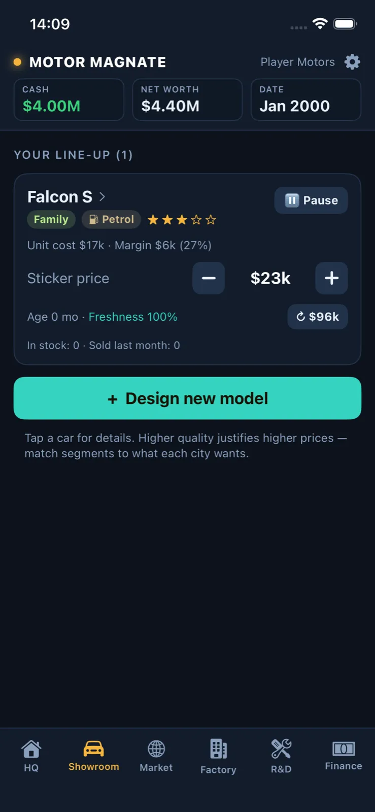 Motor Magnate showroom with player-designed car
