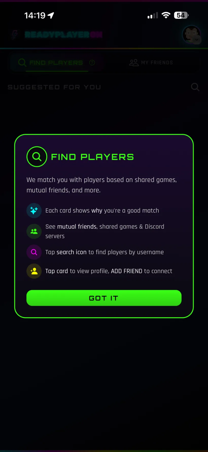 Find players screen