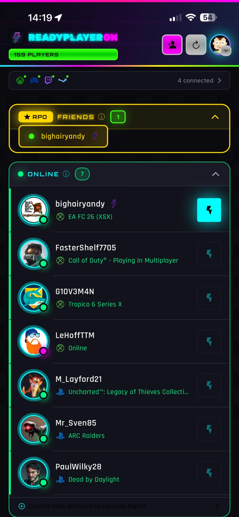 ReadyPlayerOn home screen showing friends online across Xbox, PlayStation, Steam and more, each with a Zing button