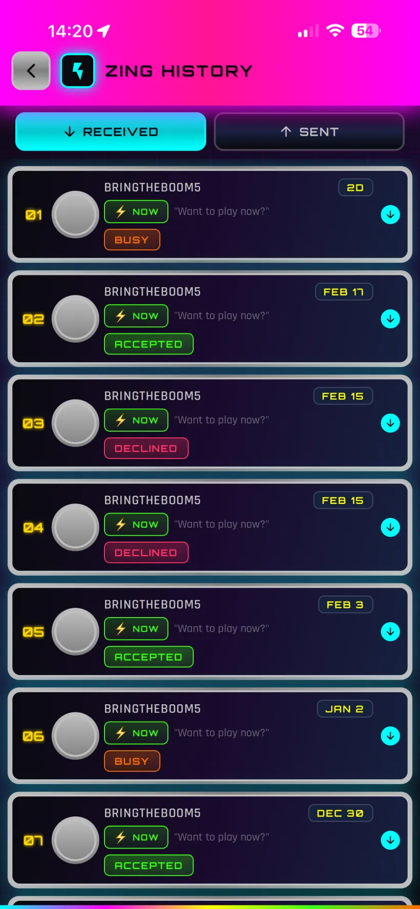 Zing history screen