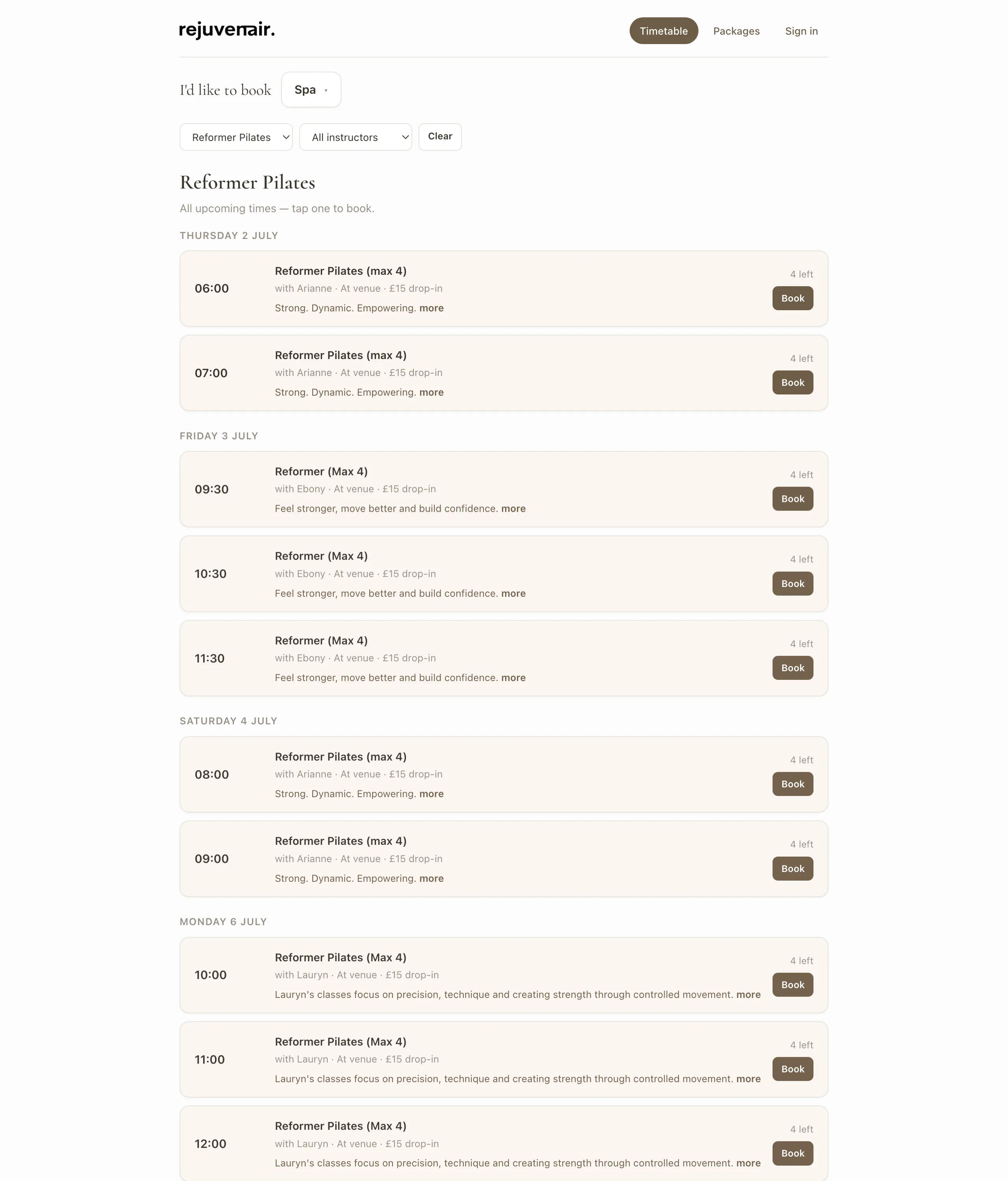 Rejuvenair booking site - Reformer Pilates class list showing each upcoming time, teacher and spaces left