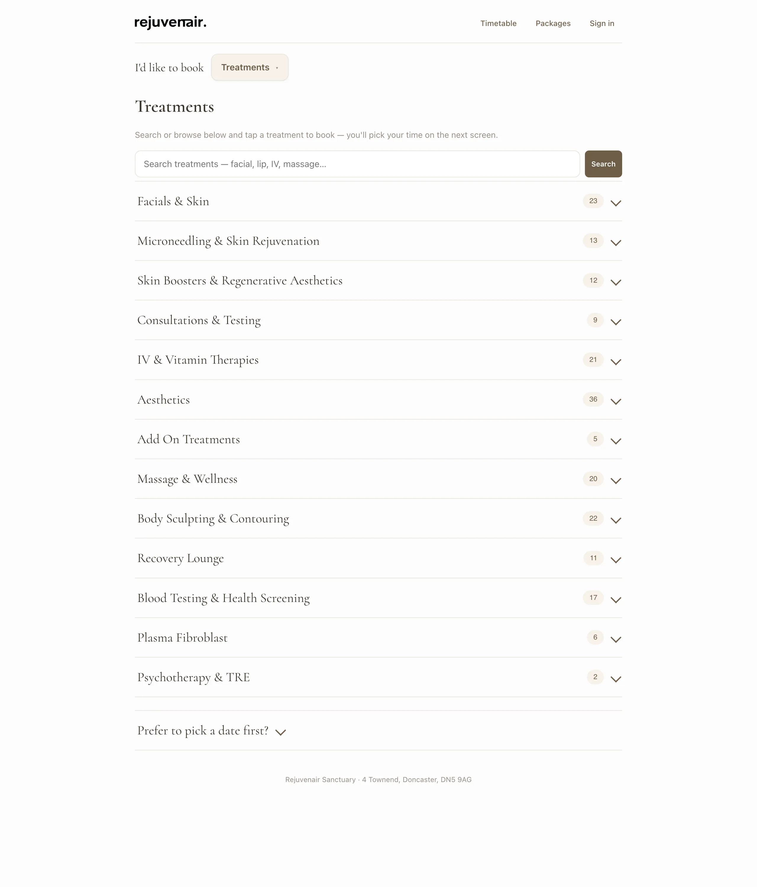 Rejuvenair booking site - treatments page with a search box and treatments grouped by category